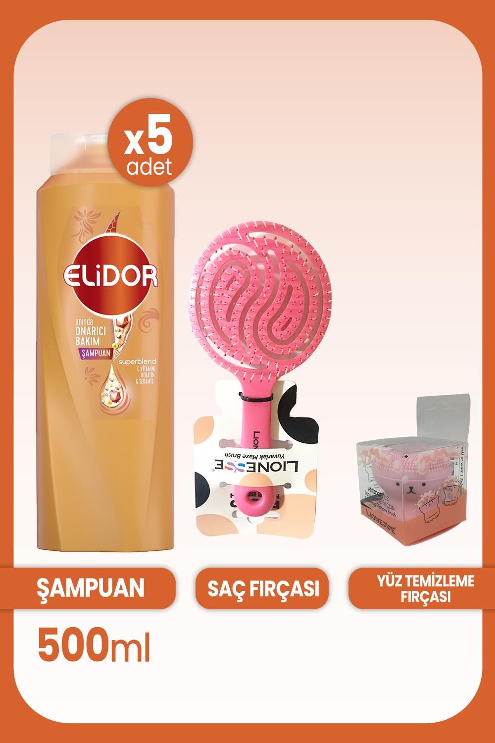 Elidor Superblend Şampuanı Anında Onarıcı 500 ml x 5 Adet ve Saç ve Yüz Fırçası