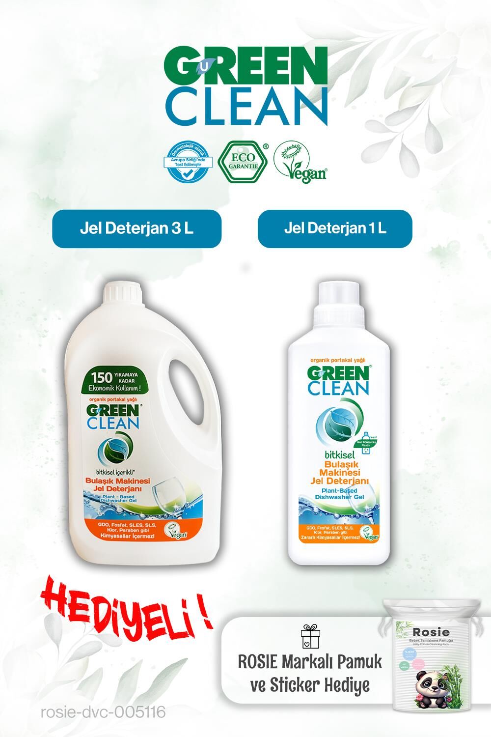 Green Clean 3 L ve 1 L Bulaşık Mak. Jel Deterjan ve Rosie pamuk hediye