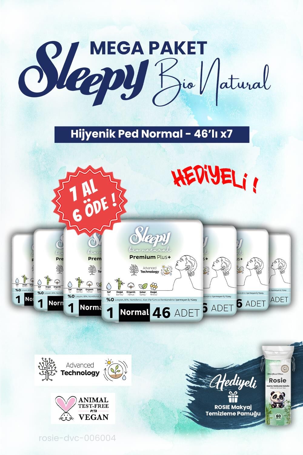 Sleepy Mega Paket 7 AL 6 ÖDE Bio Hijyenik ped 46'lı Normal ve ROSIE makyaj pamuğu
