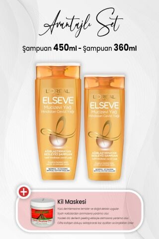 Elseve Mucizevi Yağ Hindistan Cevizi Şampuan 360 ml ve Ağırlaştırmayan Şampuan 450 ml ve Kil Maskesi