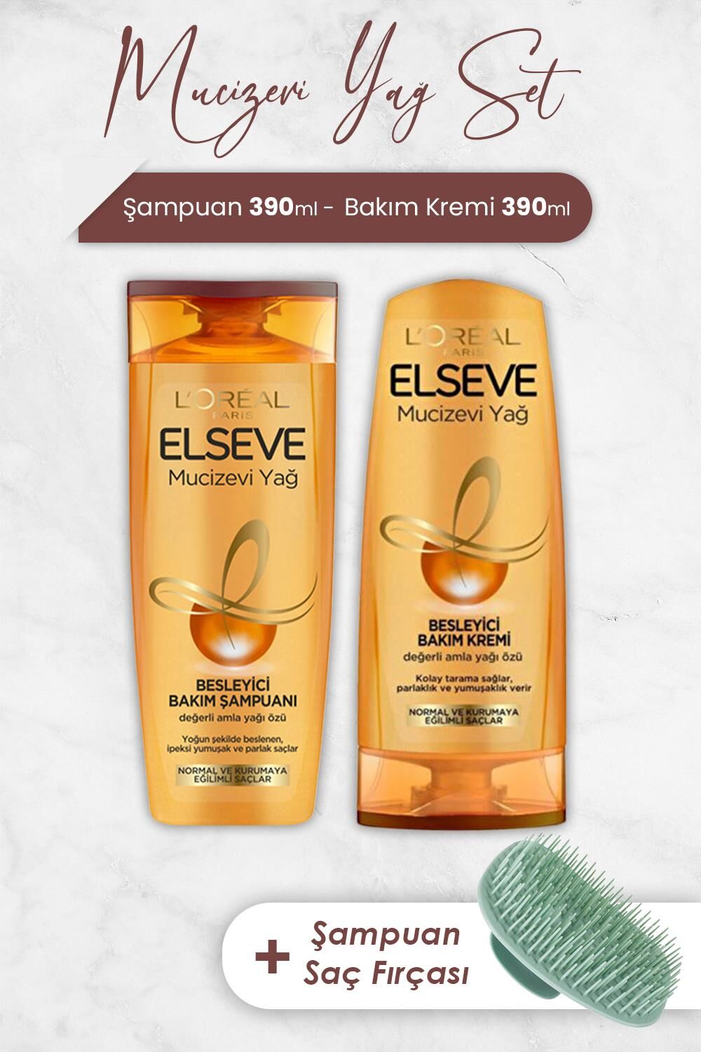 Elseve Mucizevi Yağ Şampuan Amla 390 ml, Bakım Kremi 390 ml ve Şampuan Fırçası