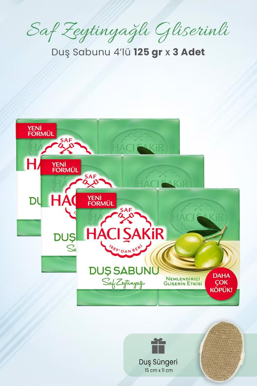 Hacı Şakir Zeytinyağlı Sabunu 500 gr x 3 Adet ve Duş Süngeri