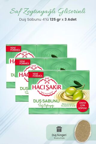 Hacı Şakir Zeytinyağlı Sabunu 500 gr x 3 Adet ve Duş Süngeri