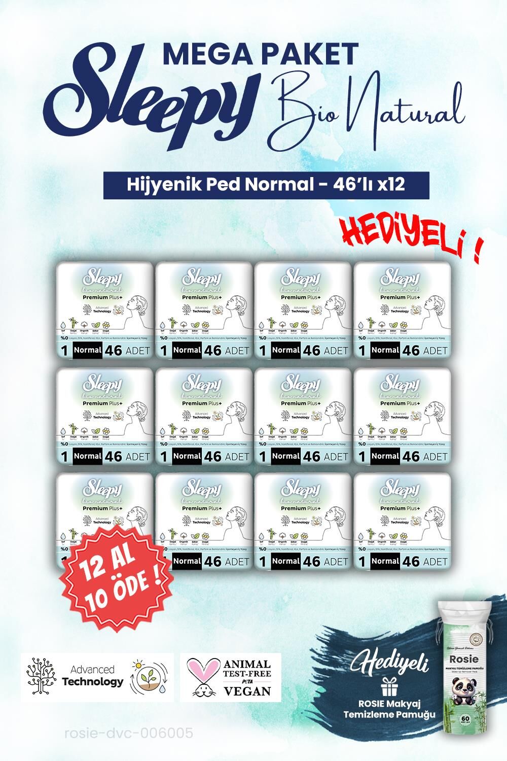 Sleepy 12 AL 10 ÖDE Mega Paket Bio Hijyenik ped 46'lı Normal ve ROSIE makyaj pamuğu