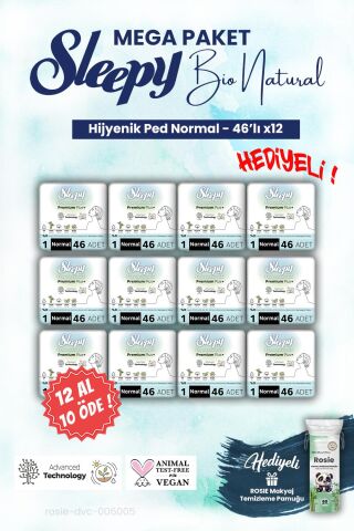 Sleepy 12 AL 10 ÖDE Mega Paket Bio Hijyenik ped 46'lı Normal ve ROSIE makyaj pamuğu