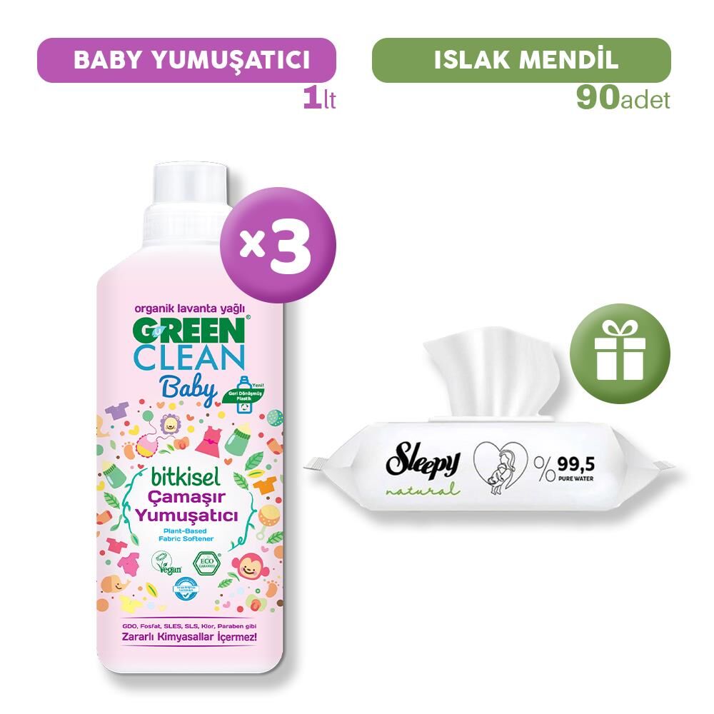 U Green Clean Baby Çamaşır Yumuşatıcı x 3, Islak Mendil Hediye