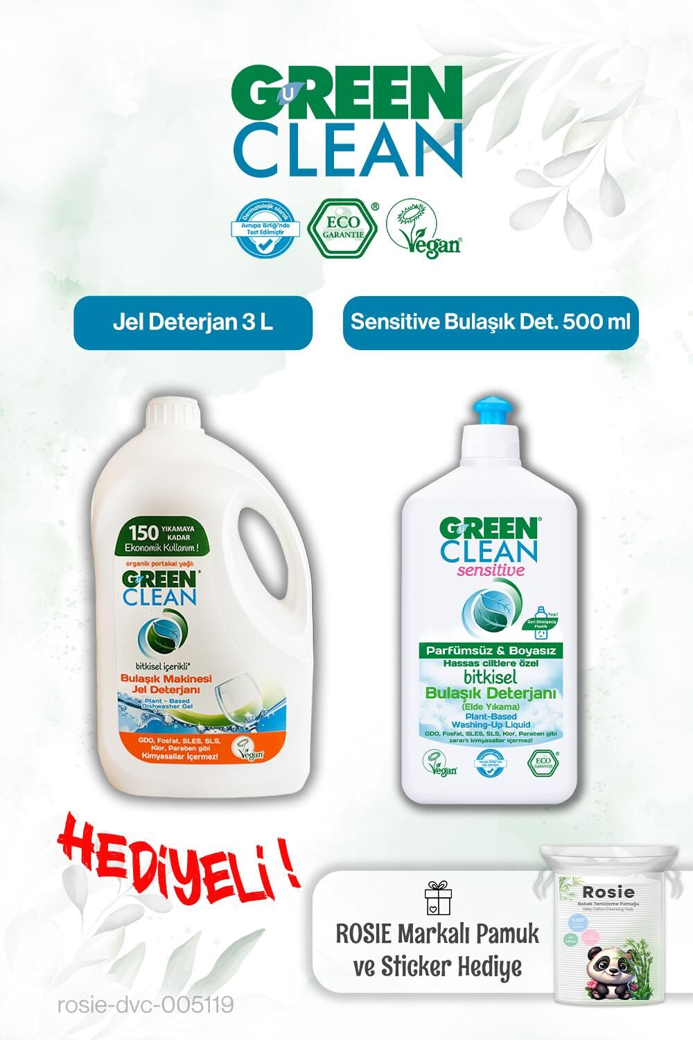 Green Clean Sensitive Bulaşık Deterjanı 500 ml ve Bulaşık Mak. Jel Deterjan 3 L ve Rosie hediye