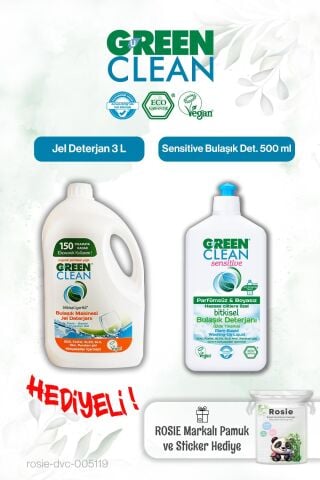 Green Clean Sensitive Bulaşık Deterjanı 500 ml ve Bulaşık Mak. Jel Deterjan 3 L ve Rosie hediye