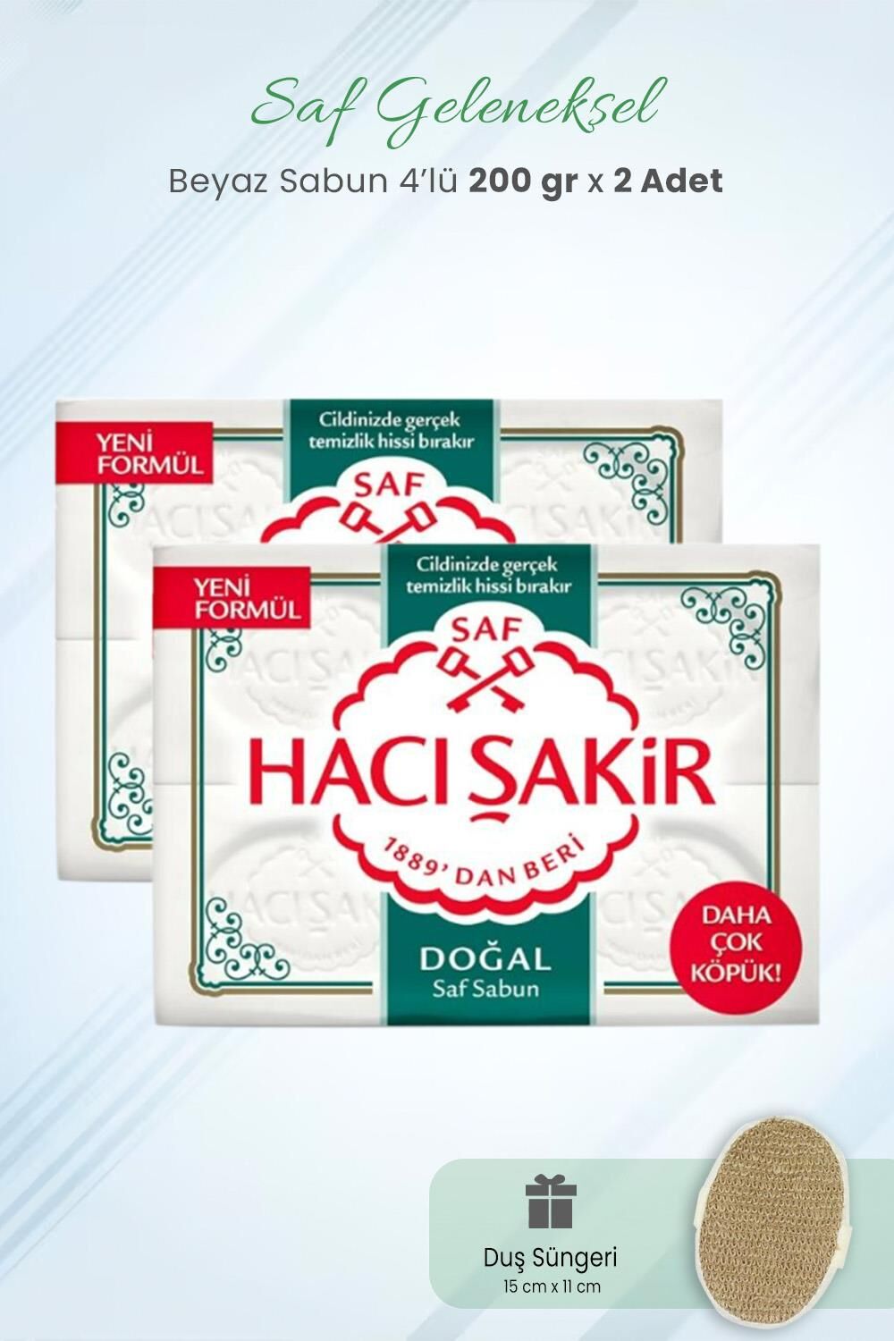Hacı Şakir Saf Geleneksel Beyaz Sabun 800 gr x 2 Adet ve Duş Süngeri
