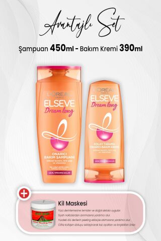 Elseve Dream Long Onarıcı Şampuan 450 ml, Bakım Kremi 390 ml ve Kil Maskesi