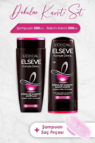 Elseve Komple Direnç Şampuan 390 ml, Bakım Kremi 390 ml ve Şampuan Fırçası