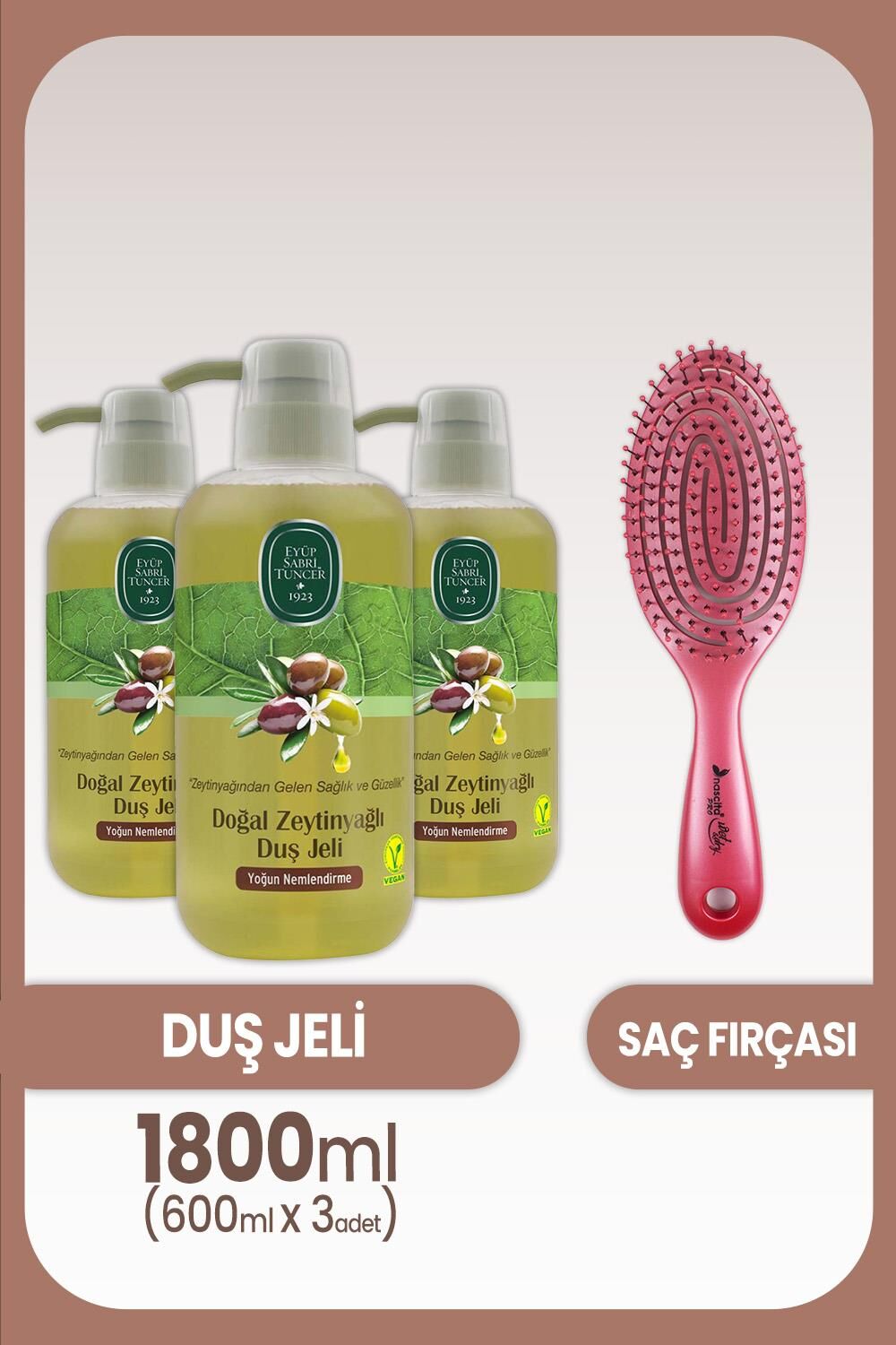 Eyüp Sabri Tuncer Zeytinyağlı Duş Jeli 600 ml x 3 Adet ve Saç Fırçası