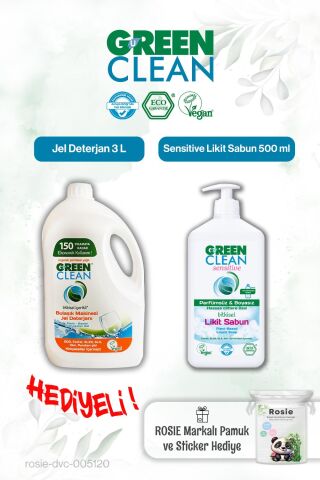 Green Clean Sensitive Likit Sabun 500 ml ve Bulaşık Mak. Jel Deterjan 3 L ve Rosie hediye