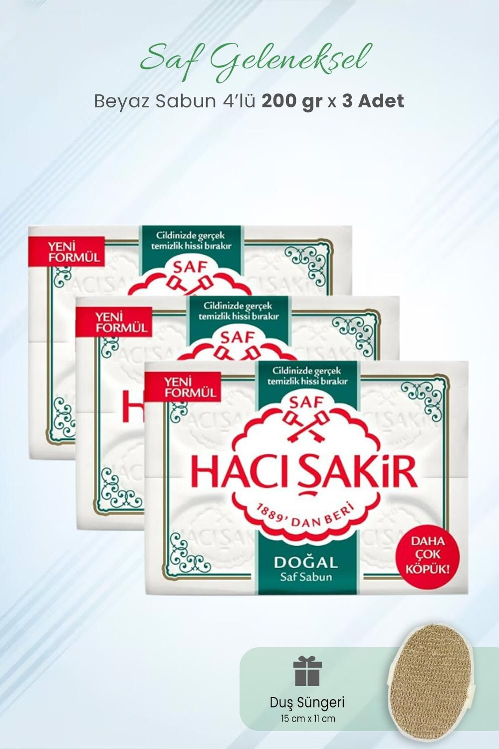 Hacı Şakir Saf Geleneksel Beyaz Sabun 800 gr x 3 Adet ve Duş Süngeri