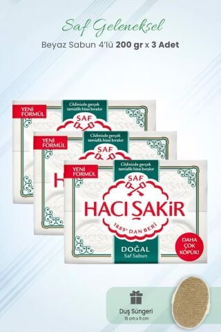 Hacı Şakir Saf Geleneksel Beyaz Sabun 800 gr x 3 Adet ve Duş Süngeri