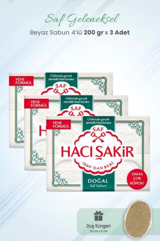 Hacı Şakir Saf Geleneksel Beyaz Sabun 800 gr x 3 Adet ve Duş Süngeri