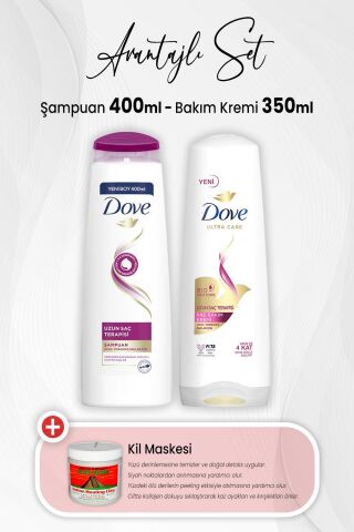 Dove Uzun Saç Terapisi Şampuan 400 ml, Bakım Kremi 350 ml ve Kil Maskesi