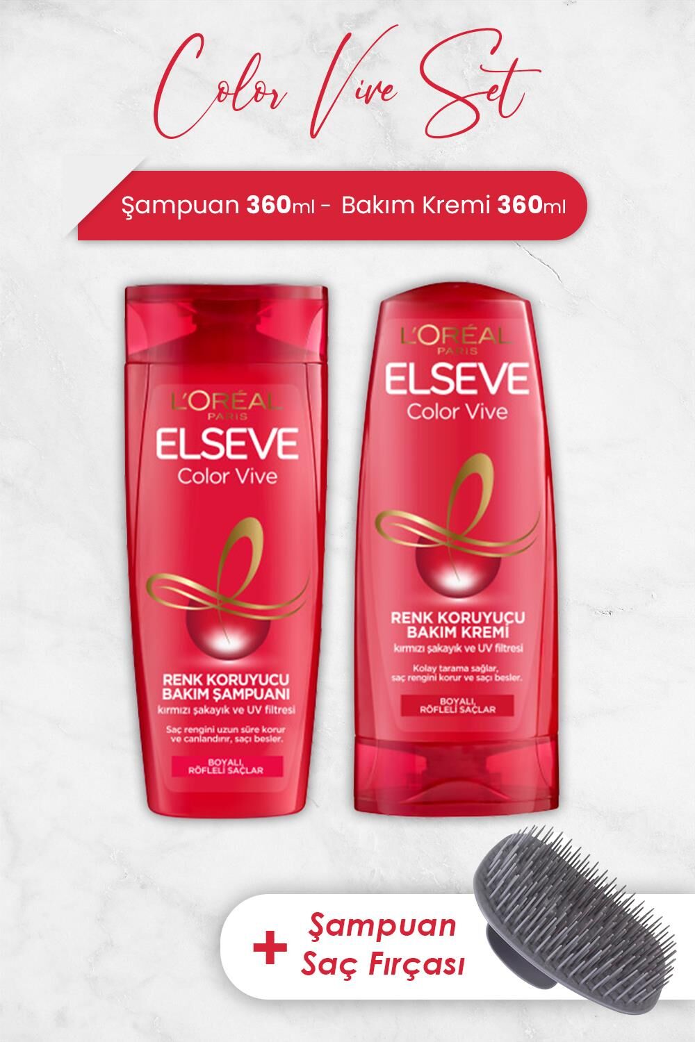Elseve Color Vive Şampuan 360 ml, Bakım Kremi 360 ml ve Şampuan Fırçası