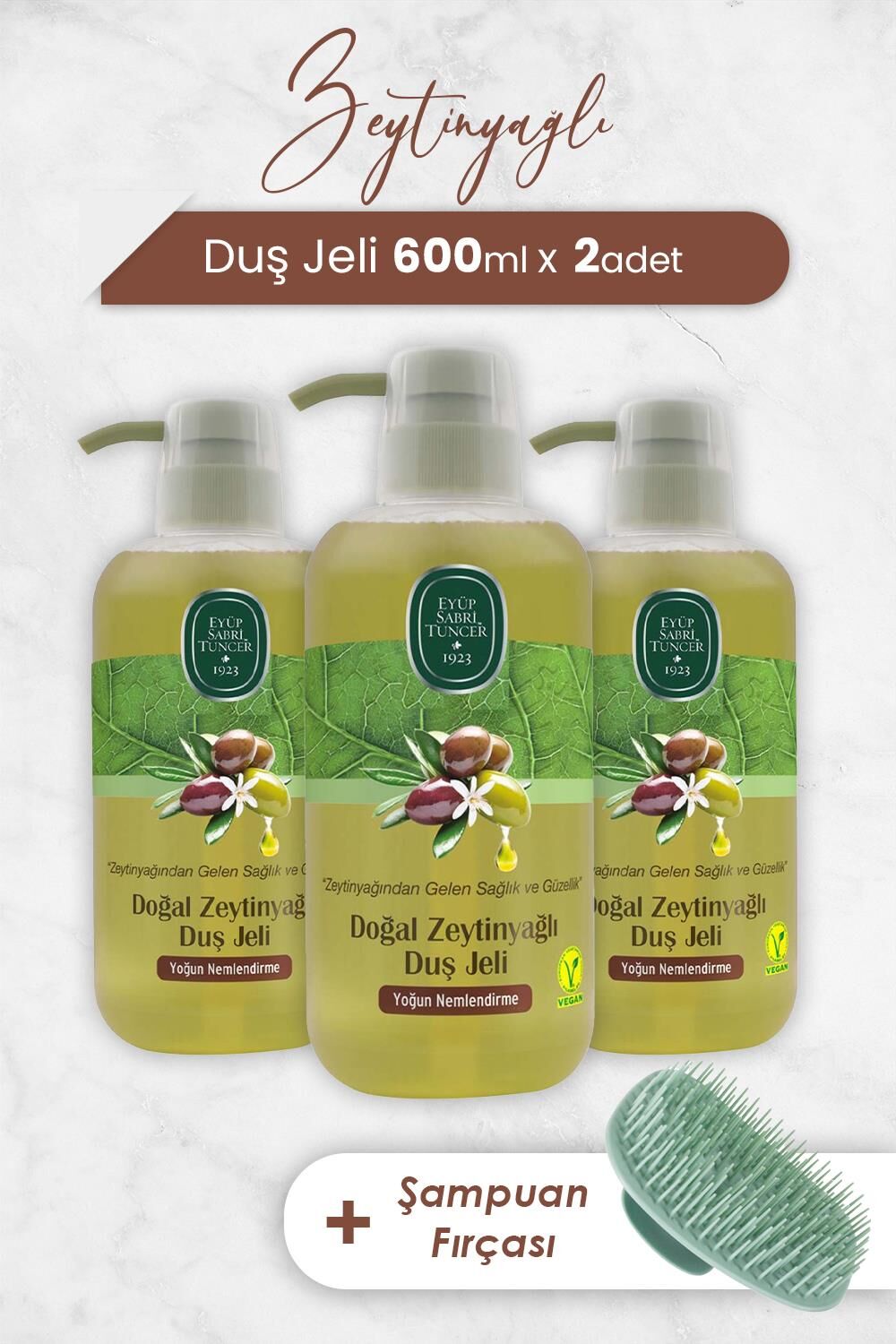 Eyüp Sabri Tuncer Zeytinyağlı Duş Jeli 600 ml x 3 Adet ve Şampuan Fırçası