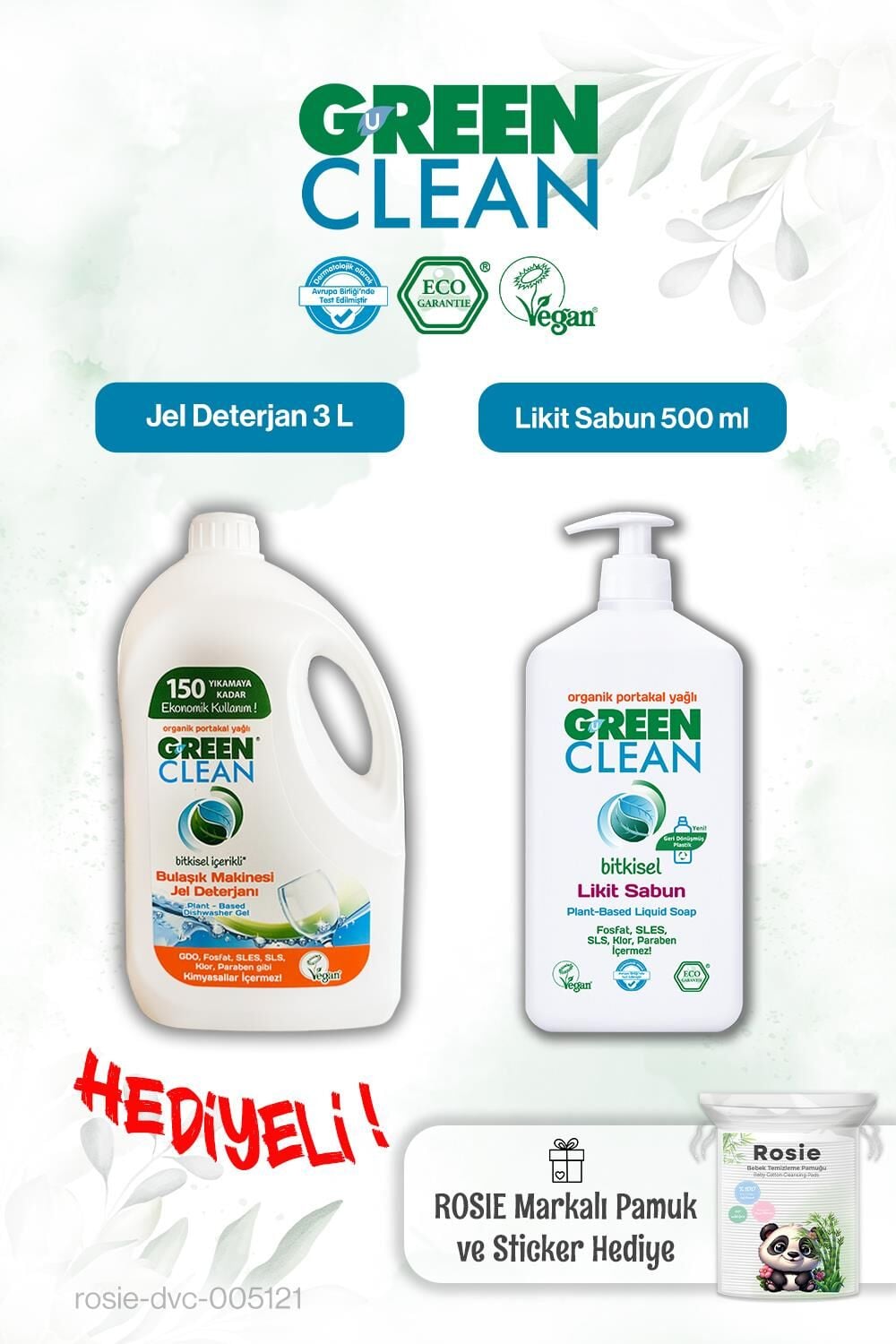 Green Clean Likit Sabun 500 ml ve Bulaşık Mak. Jel Deterjan 3 L ve Rosie hediye