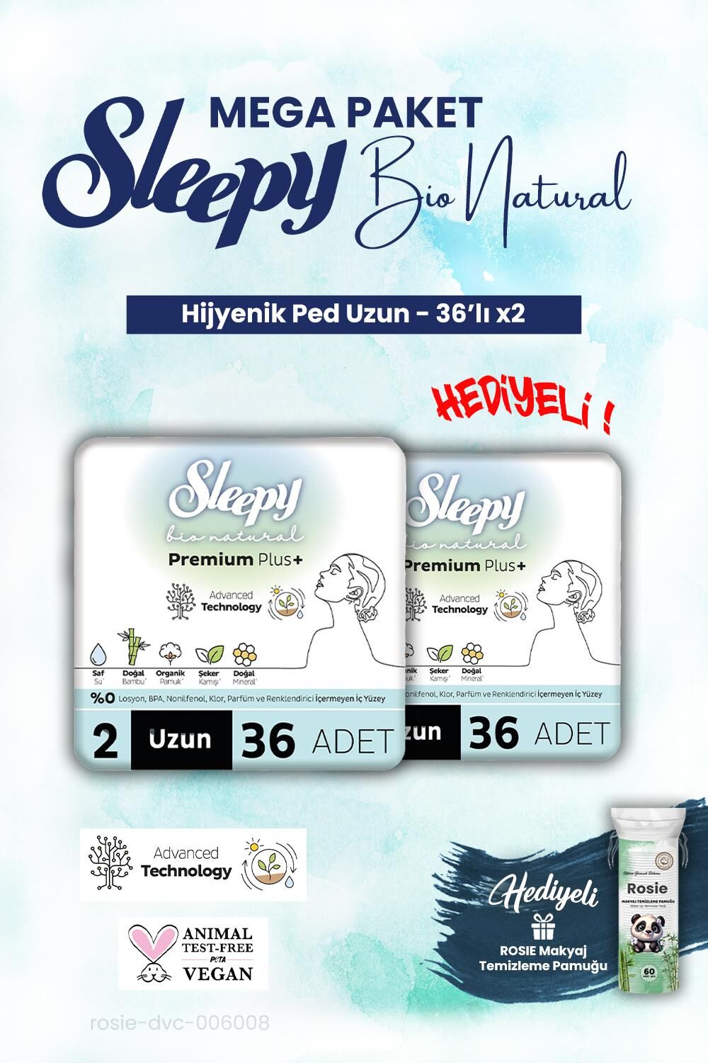 Sleepy 2 adet Mega Paket Uzun 36'lı Bio Natural Hijyenik Ped ve ROSIE makyaj pamuk