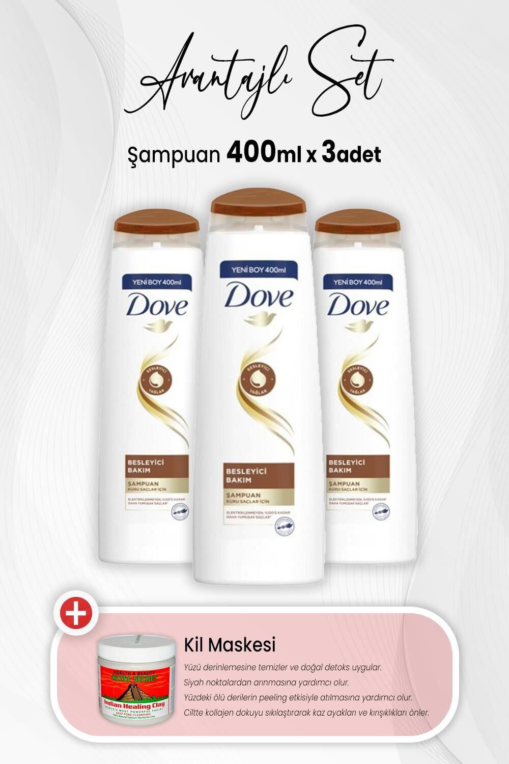 Dove Besleyici Bakım Şampuan 400 ml x 3 Adet ve Kil Maskesi