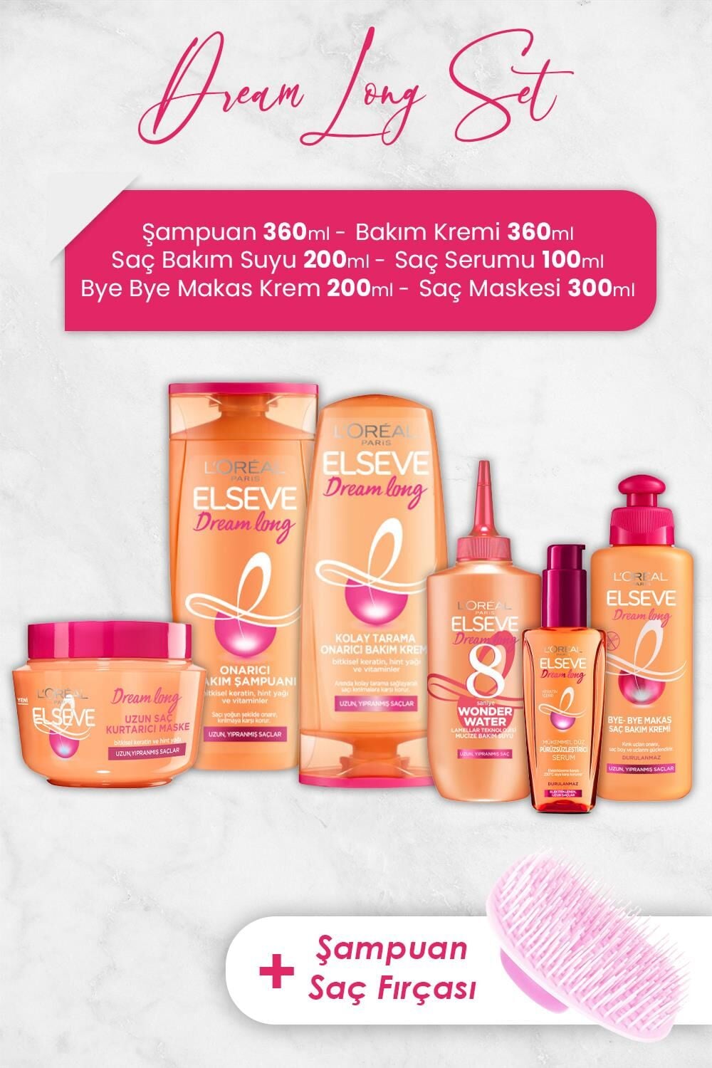 Elseve Dream Long Saç Bakım Serisi ve Şampuan Fırçası