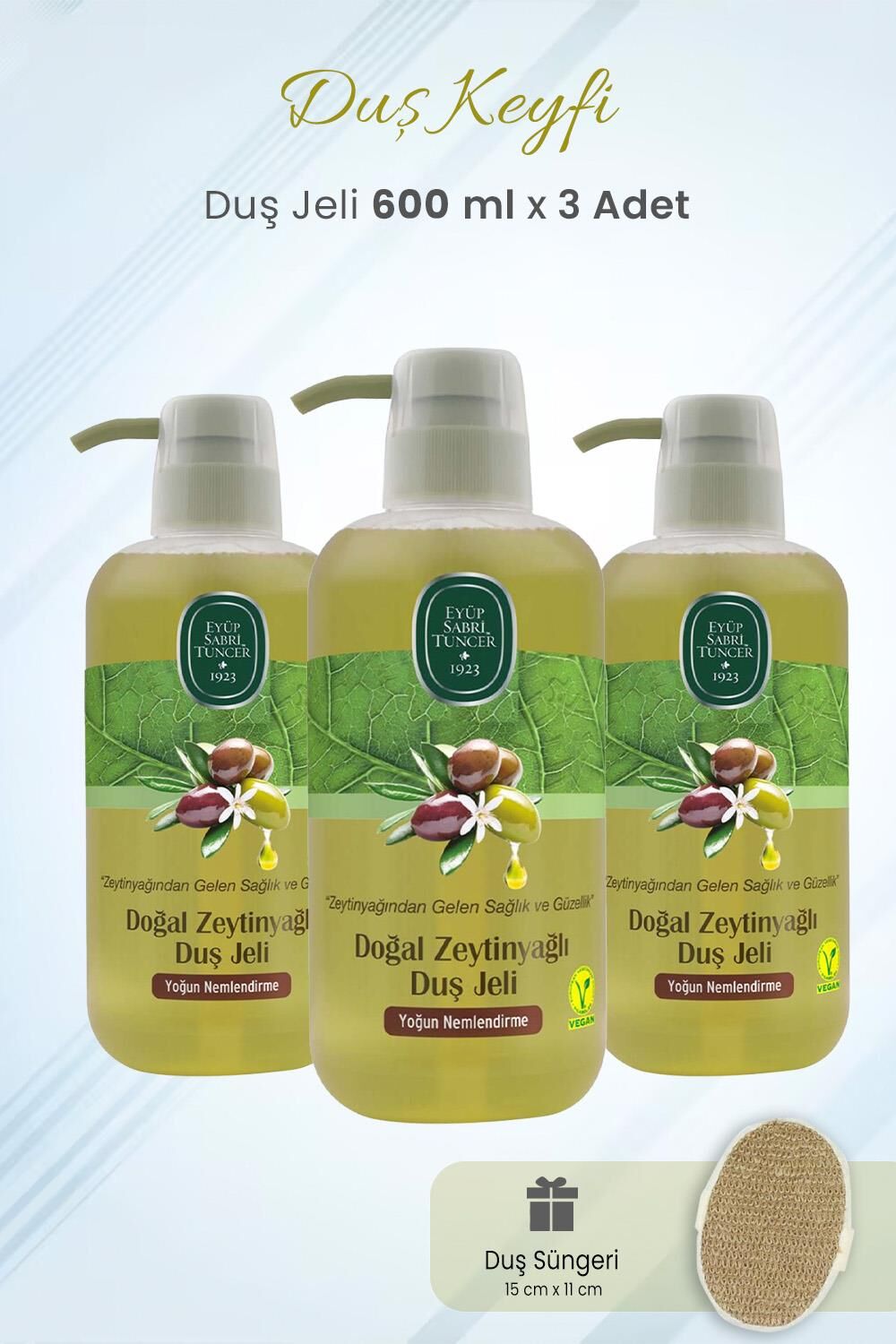 Eyüp Sabri Tuncer Duş Jeli Doğal Zeytinyağlı  600 ml x 3 Adet ve Duş Süngeri