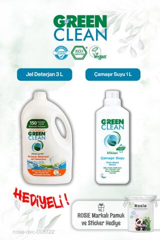 Green Clean Çamaşır Suyu 1 L ve Bulaşık Mak. Jel Deterjan 3 L ve Rosie hediye