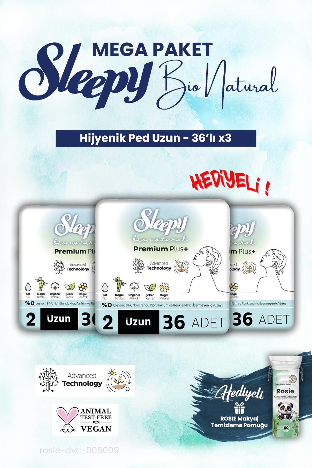 Sleepy 3'lü Bio Natural Uzun 36'lı Hijyenik Ped Mega Paket ve ROSIE makyaj pamuk