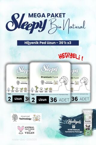 Sleepy 3'lü Bio Natural Uzun 36'lı Hijyenik Ped Mega Paket ve ROSIE makyaj pamuk