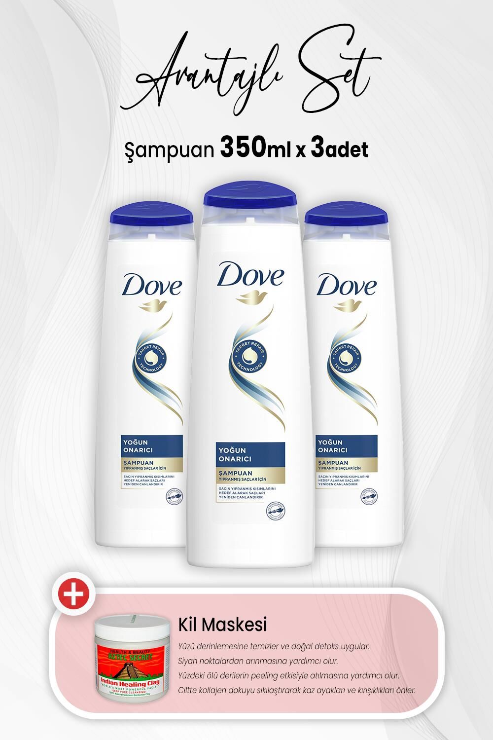 Dove Yoğun Onarıcı Şampuan 350 ml x 3 Adet ve Kil Maskesi