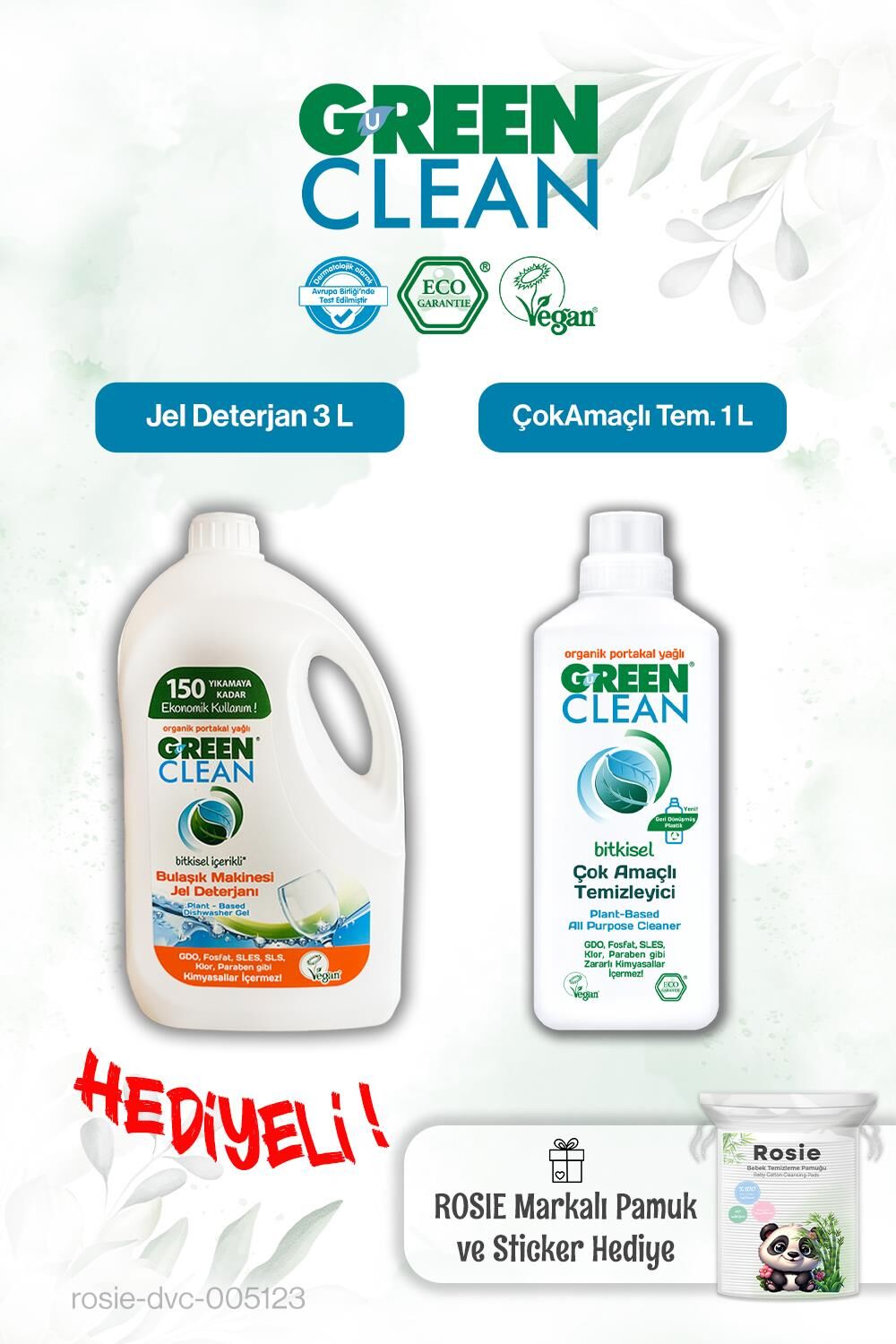 Green Clean Çok Amaçlı Tem. 1 L ve Bulaşık Mak. Jel Deterjan 3 L ve Rosie hediye