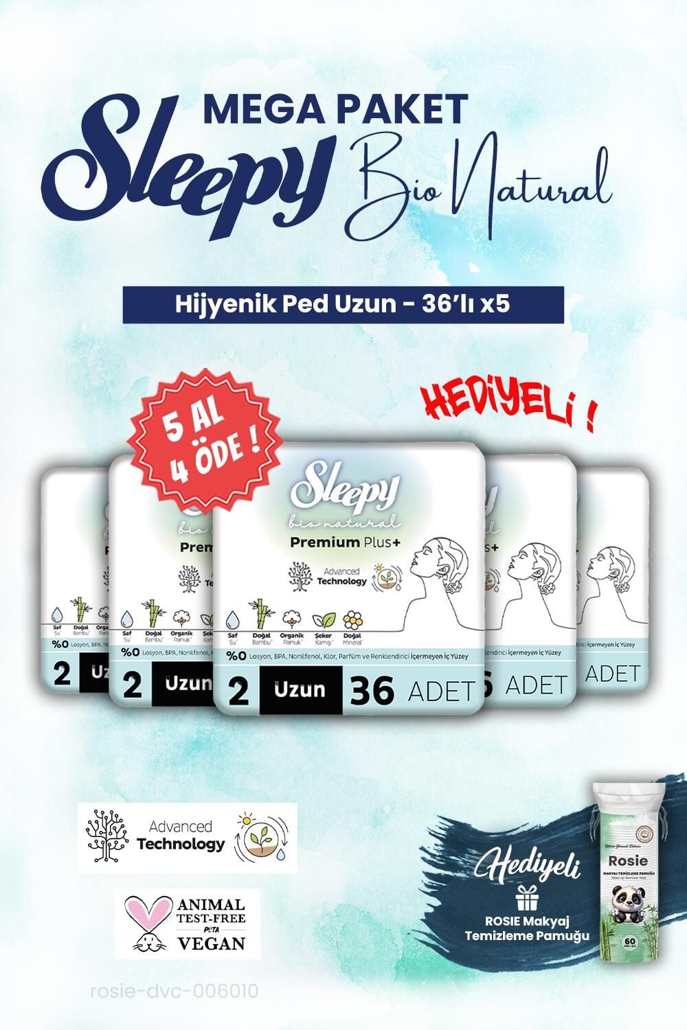 Sleepy Hijyenik ped 36'lı Uzun Mega Paket Bio 5 AL 4 ÖDE ve ROSIE makyaj pamuğu