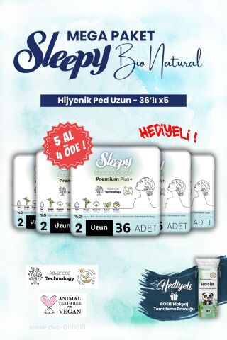 Sleepy Hijyenik ped 36'lı Uzun Mega Paket Bio 5 AL 4 ÖDE ve ROSIE makyaj pamuğu