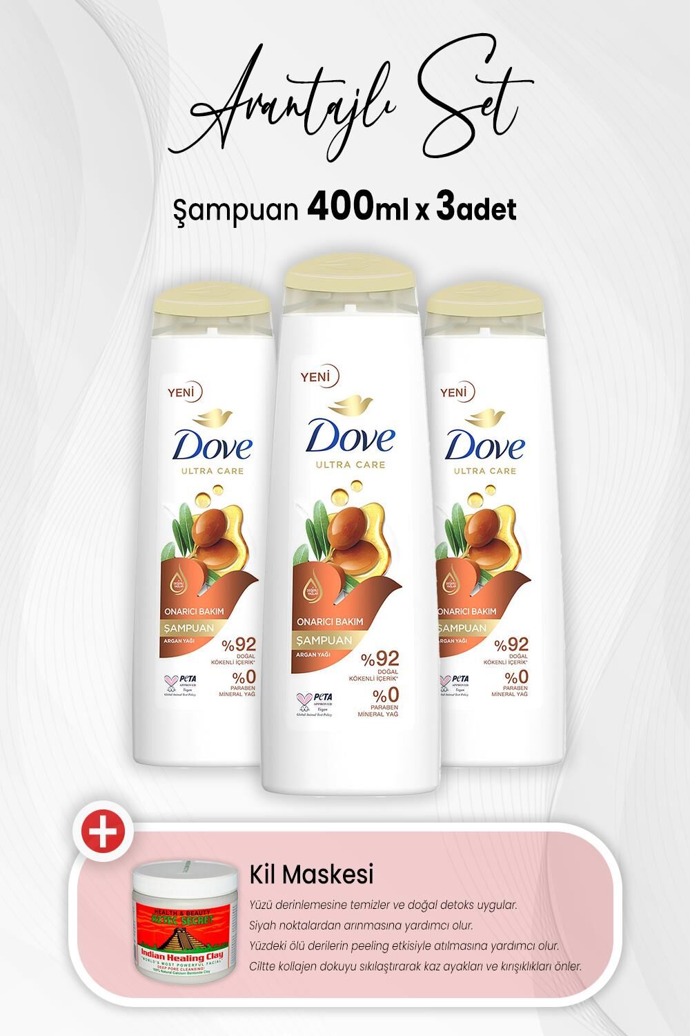 Dove Ultra Care Onarıcı Bakım Argan Yağı Şampuan 400 ml x 3 Adet ve Kil Maskesi