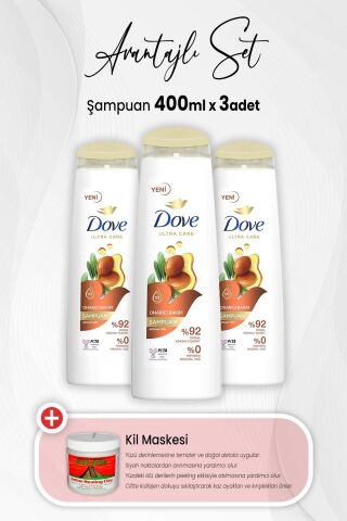 Dove Ultra Care Onarıcı Bakım Argan Yağı Şampuan 400 ml x 3 Adet ve Kil Maskesi