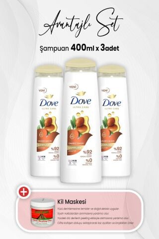 Dove Ultra Care Onarıcı Bakım Argan Yağı Şampuan 400 ml x 3 Adet ve Kil Maskesi
