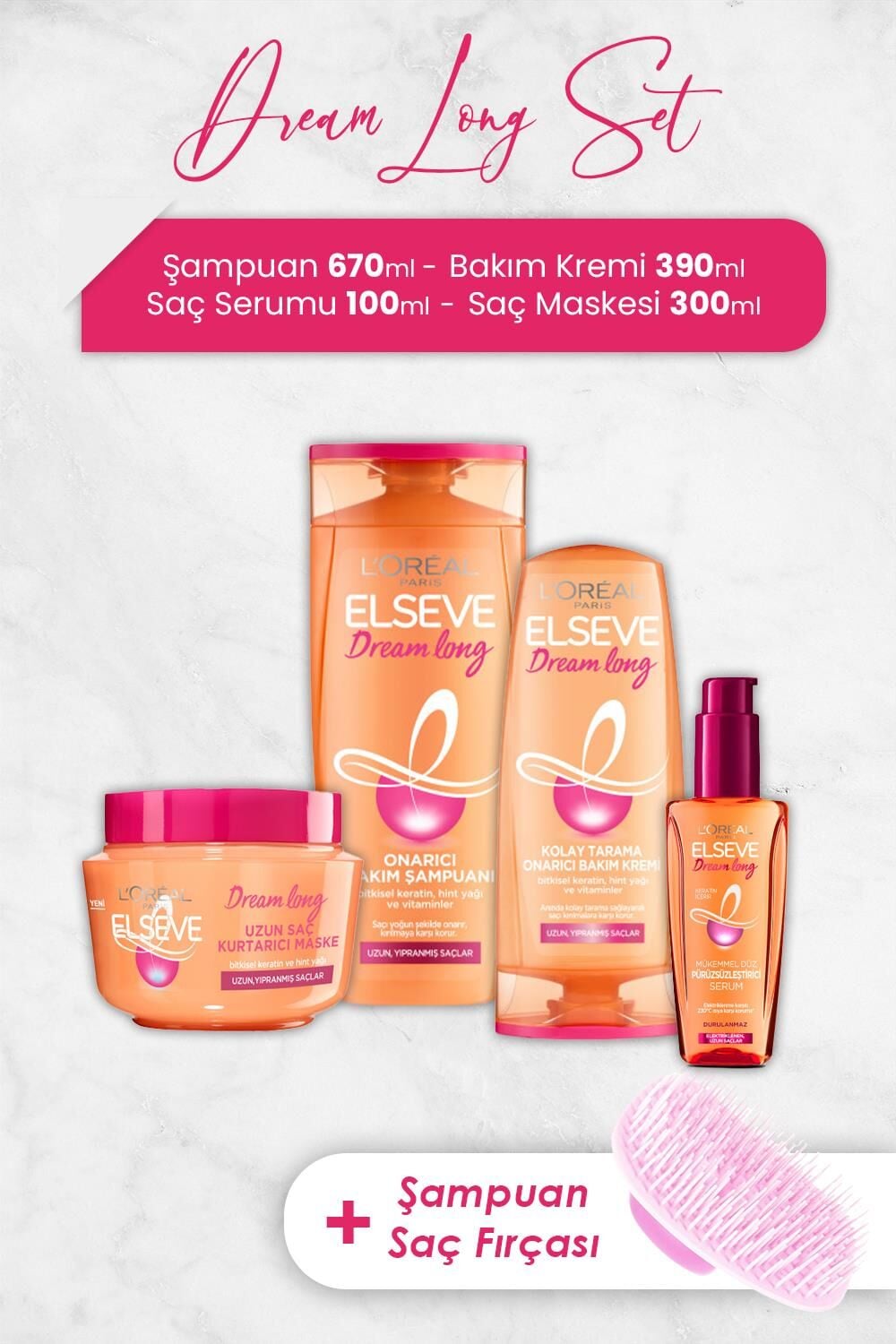 Elseve Dream Long Saç Bakım Serisi 3 ve Şampuan Fırçası