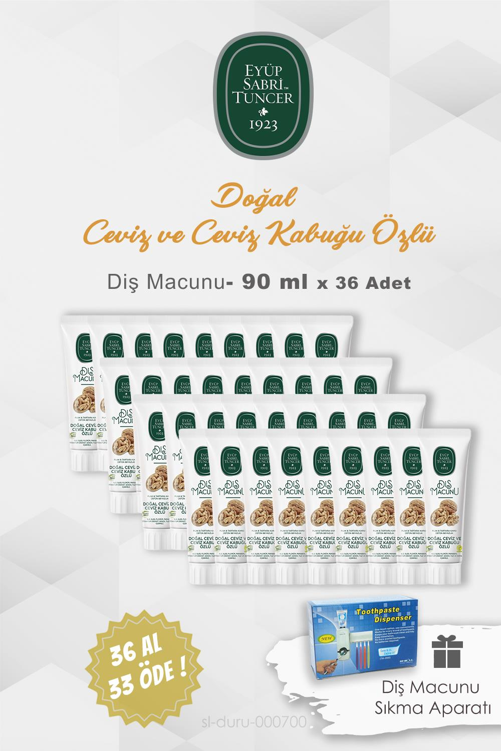 Eyüp Sabri Tuncer Diş Macunu Ceviz Özlü 36 AL 33 ÖDE 90 ml ve Diş Macunu Aparatı 5 li