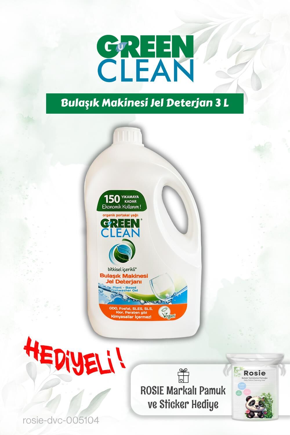 Green Clean Bulaşık Mak. Jel Deterjan 3 L ve Rosie pamuk hediye