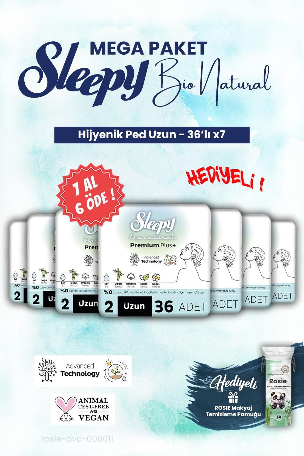 Sleepy Mega Paket 7 AL 6 ÖDE 36'lı Uzun Bio Hijyenik ped ve ROSIE makyaj pamuğu
