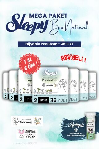 Sleepy Mega Paket 7 AL 6 ÖDE 36'lı Uzun Bio Hijyenik ped ve ROSIE makyaj pamuğu