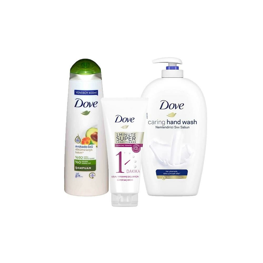 Dove Saç Bakım Şampuanı Avokado Özü, Saç Kremi Uzun Saç Terapisi ve Sıvı Sabun Caring Hand