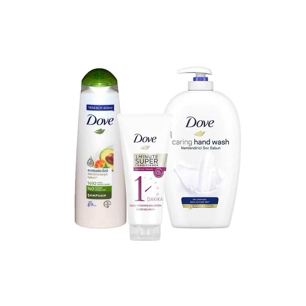 Dove Saç Bakım Şampuanı Avokado Özü, Saç Kremi Uzun Saç Terapisi ve Sıvı Sabun Caring Hand