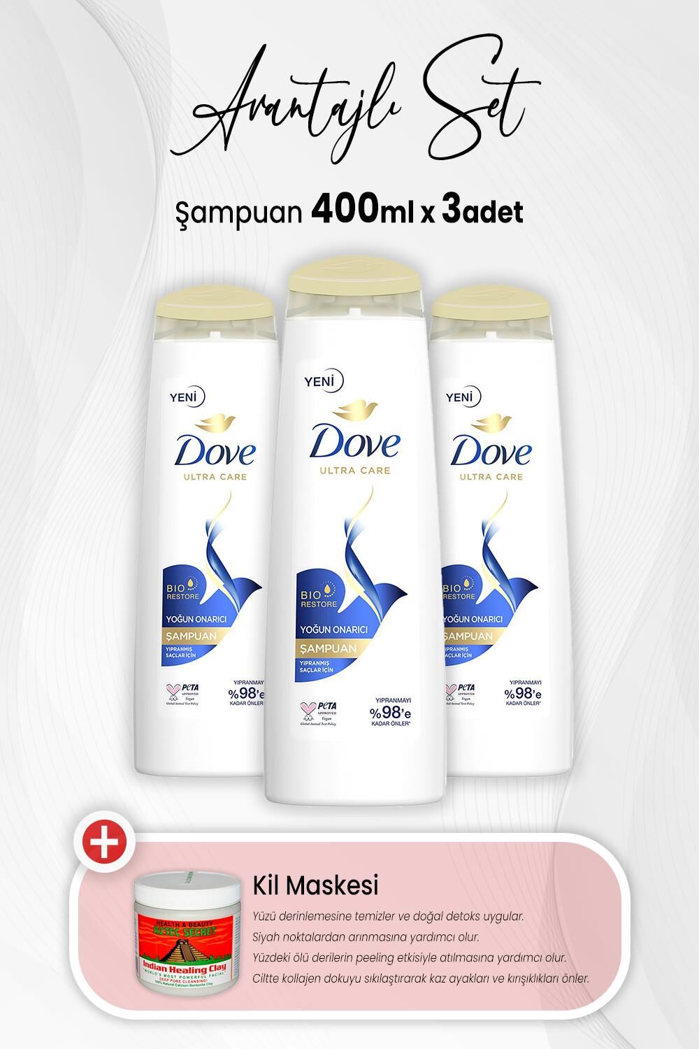 Dove Ultra Care Yoğun Onarıcı Şampuan 400 ml x 3 Adet ve Kil Maskesi
