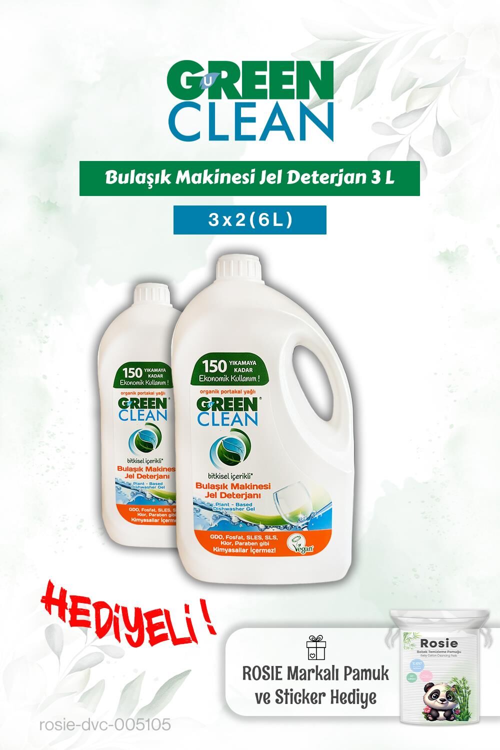 Green Clean 2 adet Bulaşık Mak. Jel Deterjan 3 L ve Rosie pamuk hediye