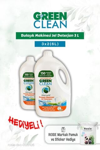 Green Clean 2 adet Bulaşık Mak. Jel Deterjan 3 L ve Rosie pamuk hediye