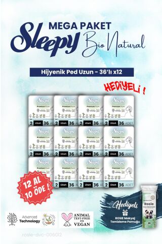 Sleepy 12 AL 10 ÖDE, 36'lı Uzun Bio Hijyenik ped Mega Paket ve ROSIE makyaj pamuğu