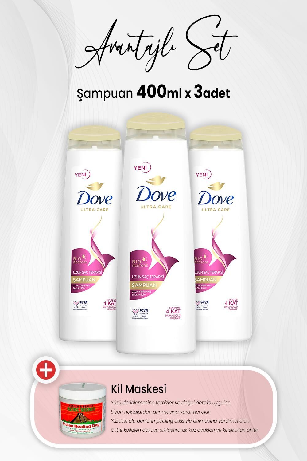 Dove Ultra Care Şampuan Uzun Saç Terapisi 400 ml x 3 Adet ve Kil Maskesi